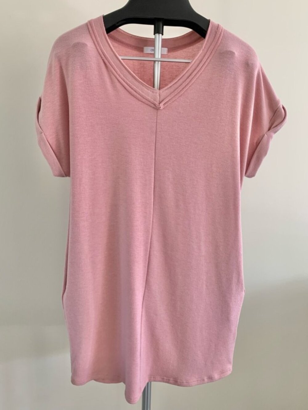 Soft Dusty Pink Roll Sleeve Tunic Top Pockets